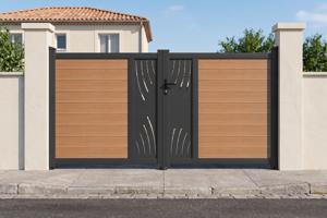 ATHOS VELETA 3m H.160cm teak swing gate with aluminum frame, made of composite wood, with a 3m wide design and aluminum frame main image