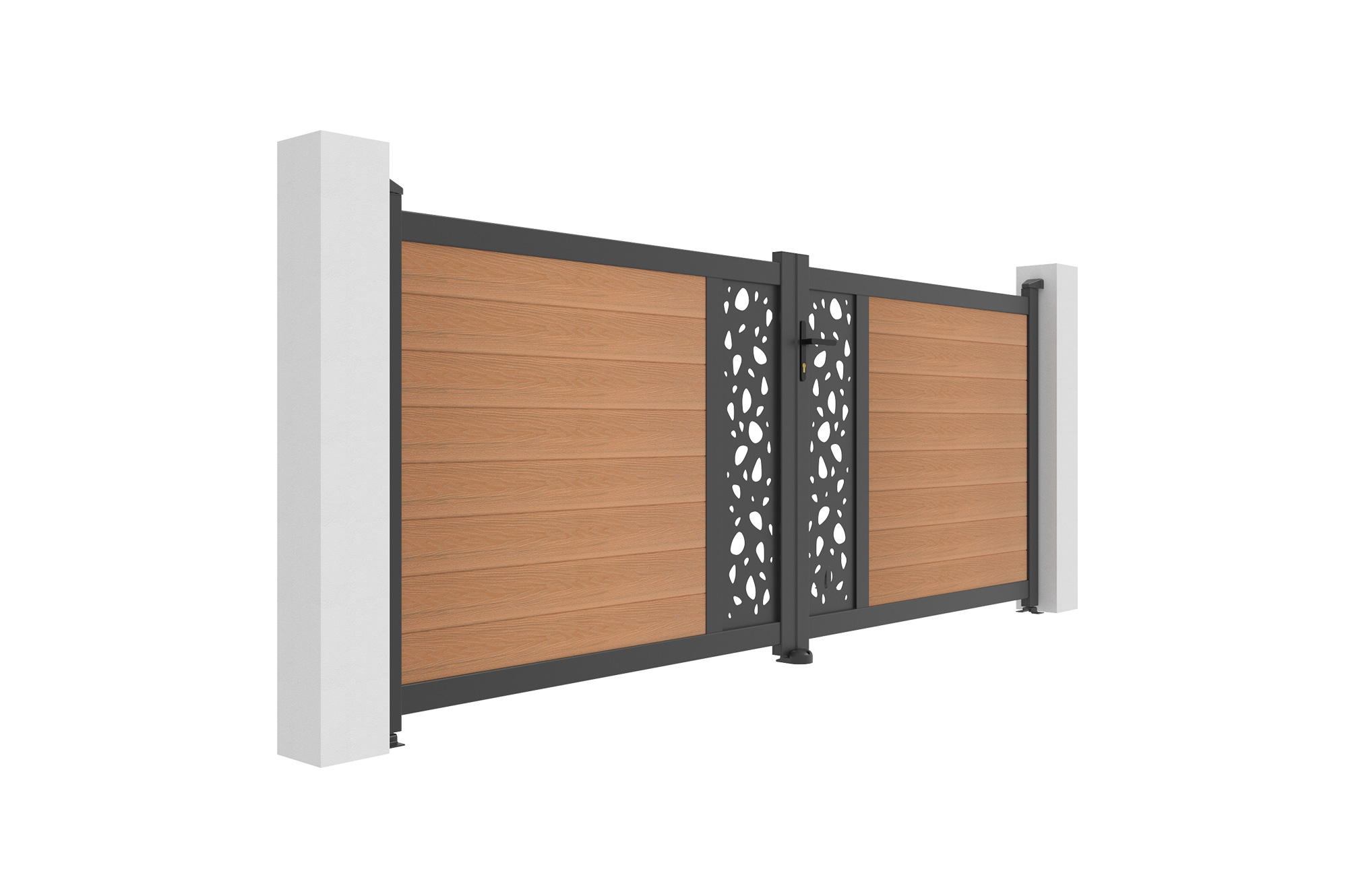 Portail bois composite battant design 3,5m ATHOS SUNNY H.140cm teck avec cadre aluminium 3