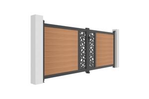 Portail bois composite battant design 3,5m ATHOS SUNNY H.140cm teck avec cadre aluminium 3