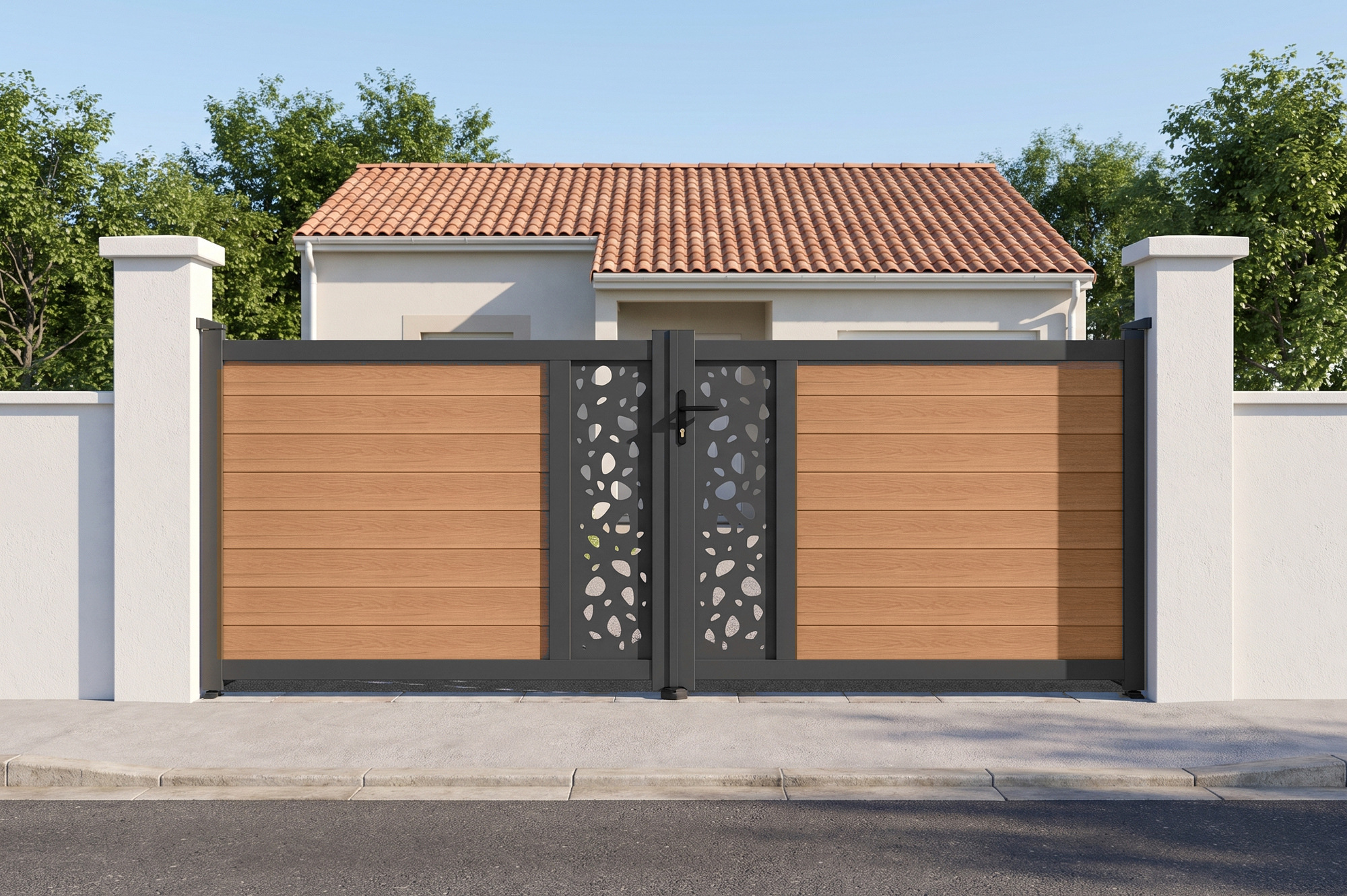 Portail bois composite battant design 3,5m ATHOS SUNNY H.140cm teck avec cadre aluminium main_image