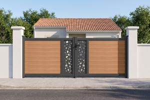 ATHOS SUNNY 3.5m H.140cm teak composite wood swing gate with aluminum frame main image