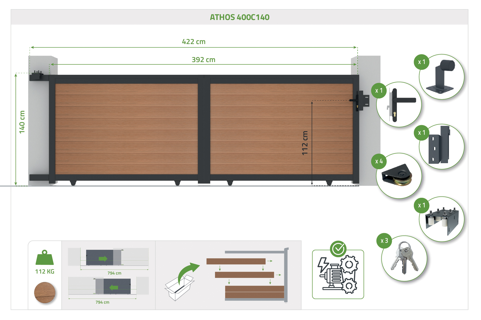 ATHOS 4m H.140cm solid wood sliding composite gate in teak with aluminum frame 4