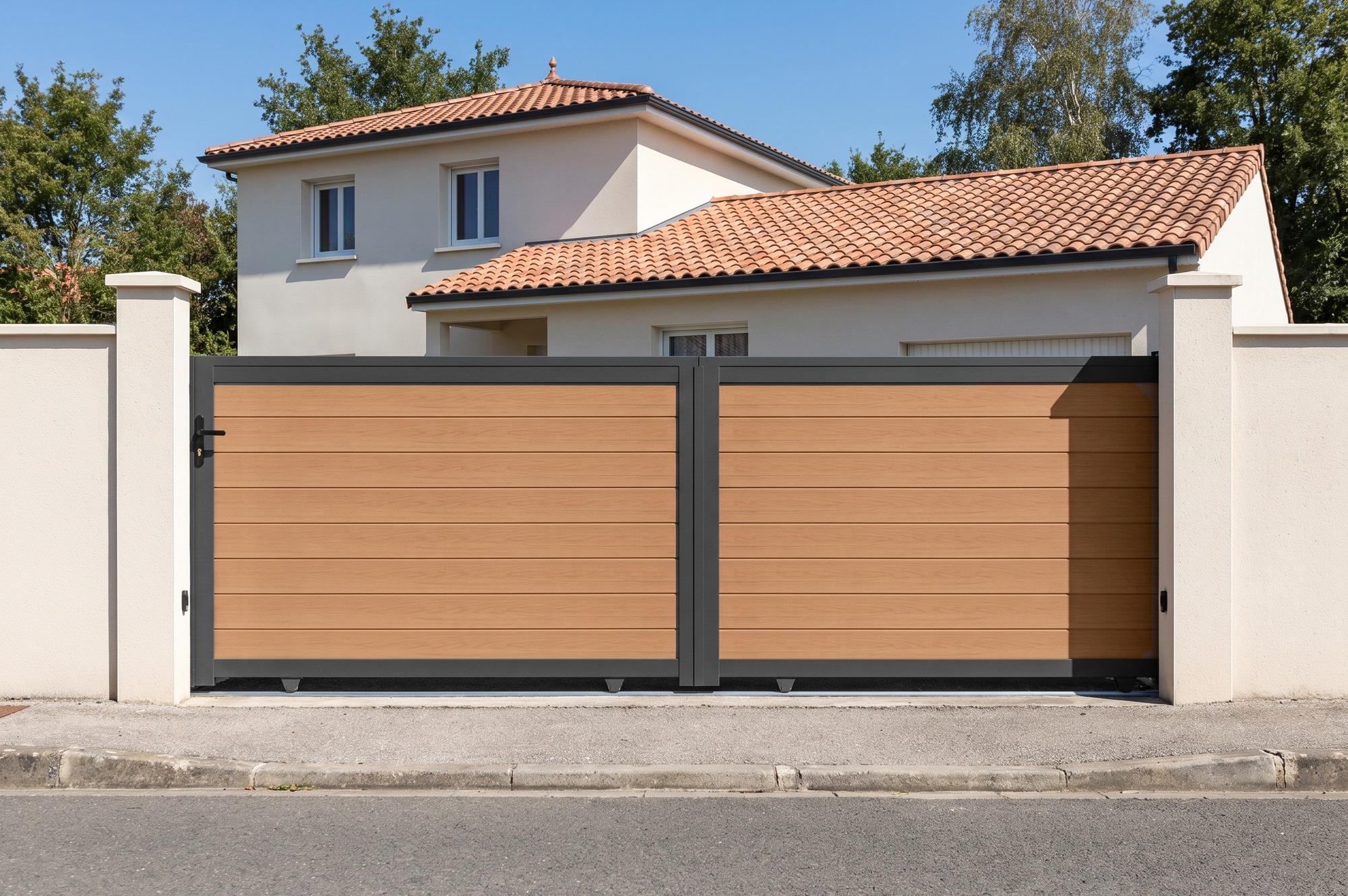 ATHOS 4m H.140cm solid wood sliding composite gate in teak with aluminum frame main_image