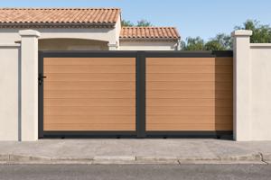 ATHOS 3.5m H.160cm solid wood sliding composite gate in teak with aluminum frame main image