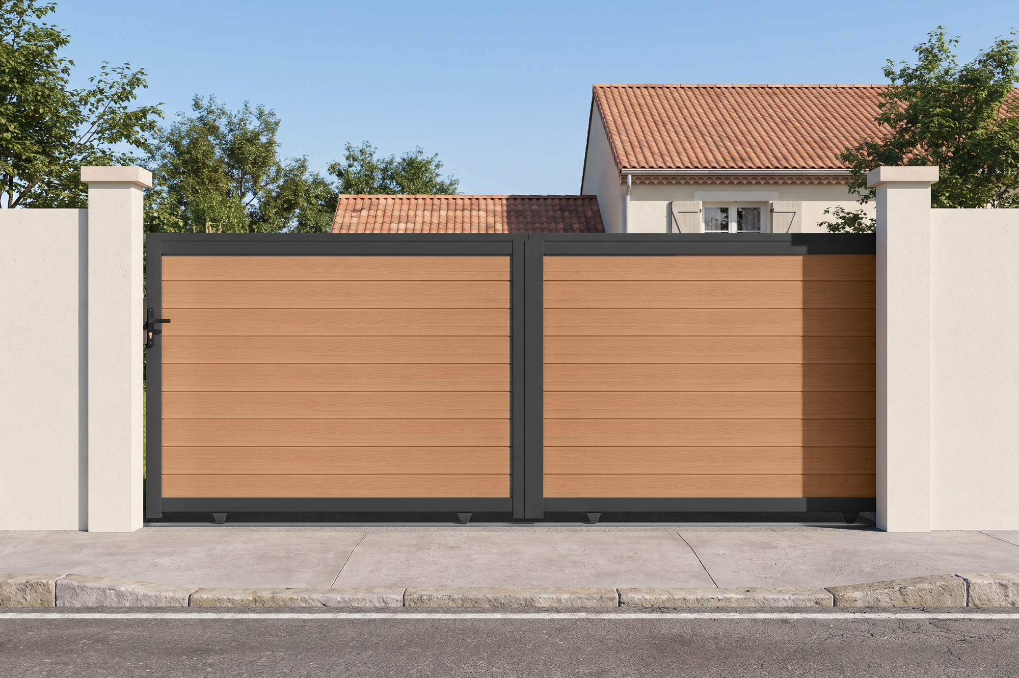 ATHOS 4m H.160cm solid teak sliding composite wood gate with aluminum frame main_image