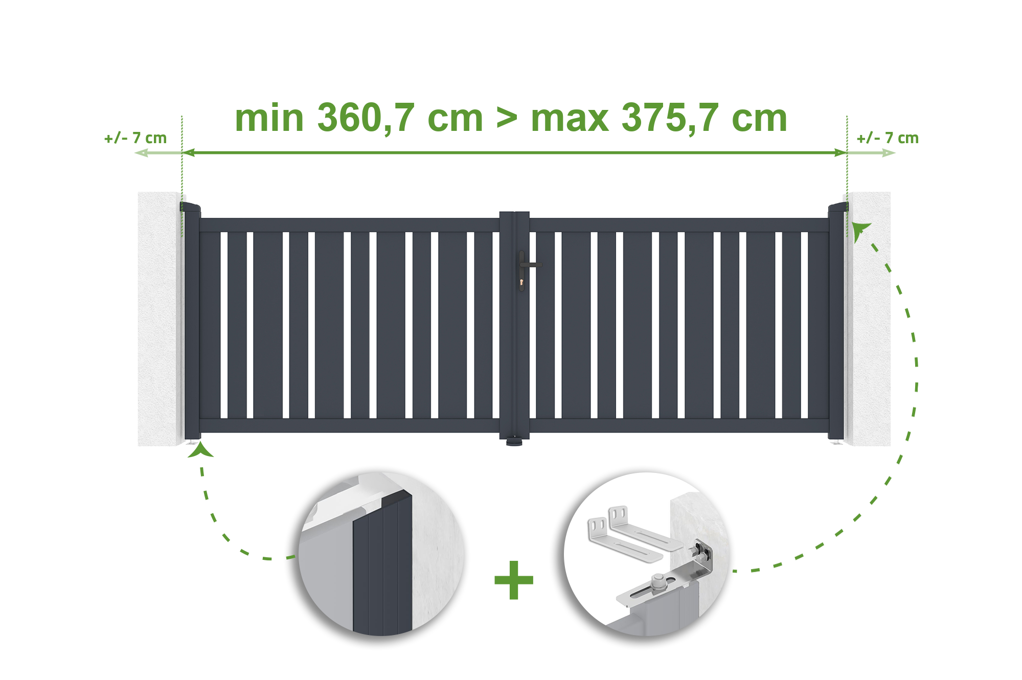 Nastavitelná šířka křídlové brány 3,5 m VEYMONT v. 120 cm šedý hliník 1