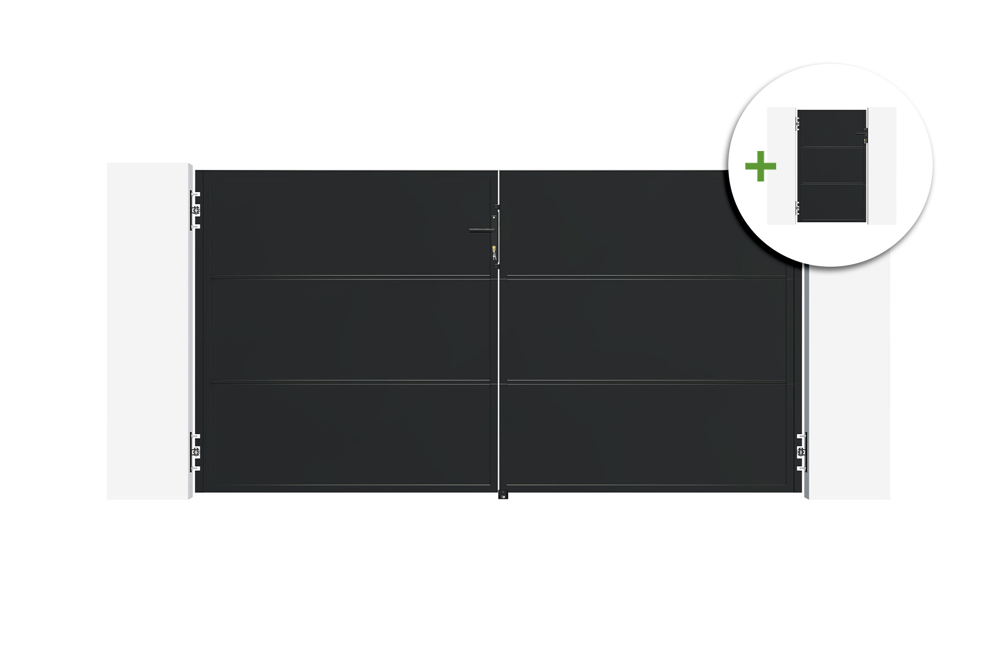 NALI 3 m-es acél szárnyaskapu, 160 cm magas, fekete + 160 cm magas gyalogoskapu