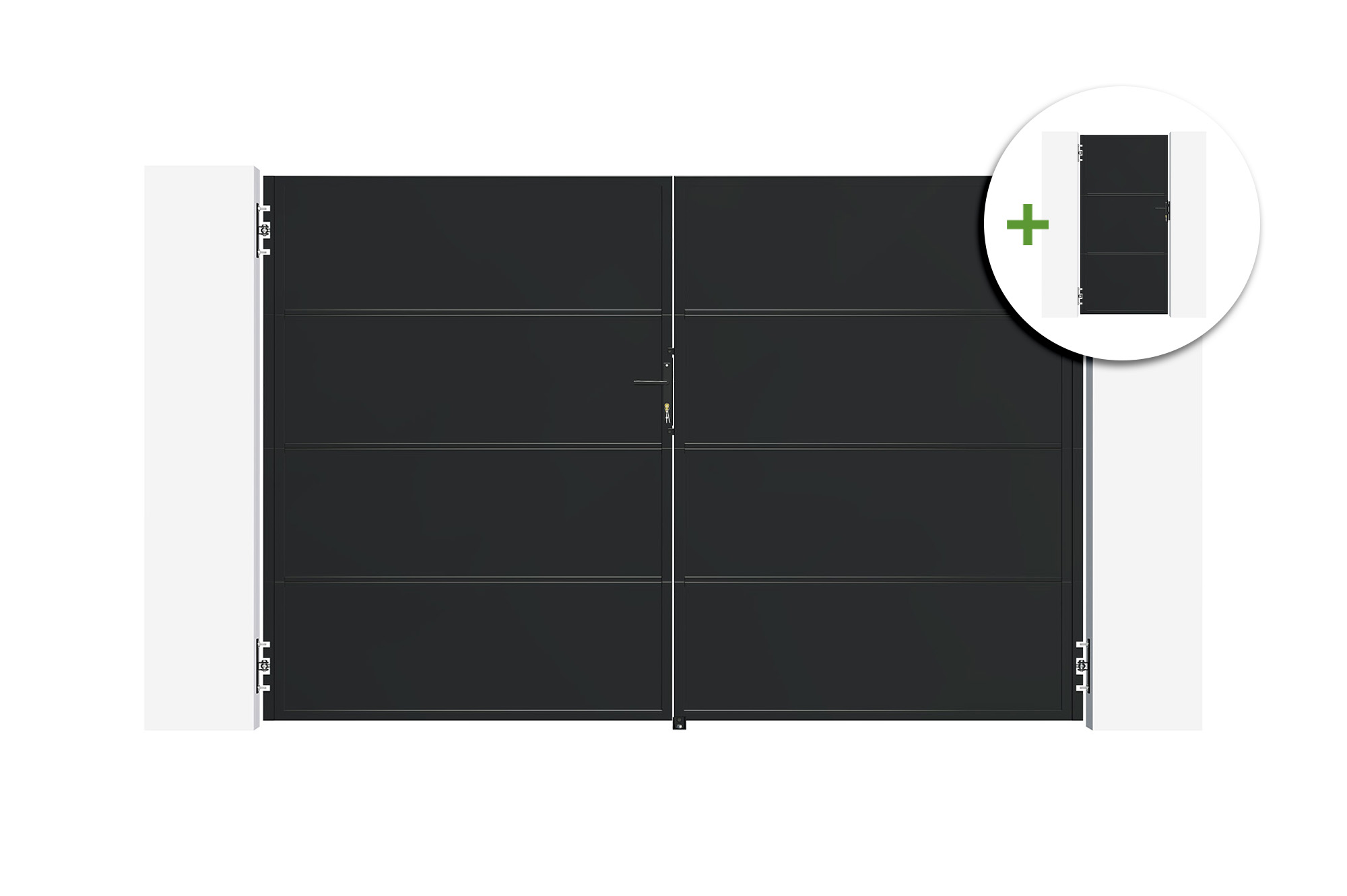 NALI 3 m Stahl-Schwingtor, 200 cm hoch, Schwarz + 200 cm hohes Fußgängertor main image