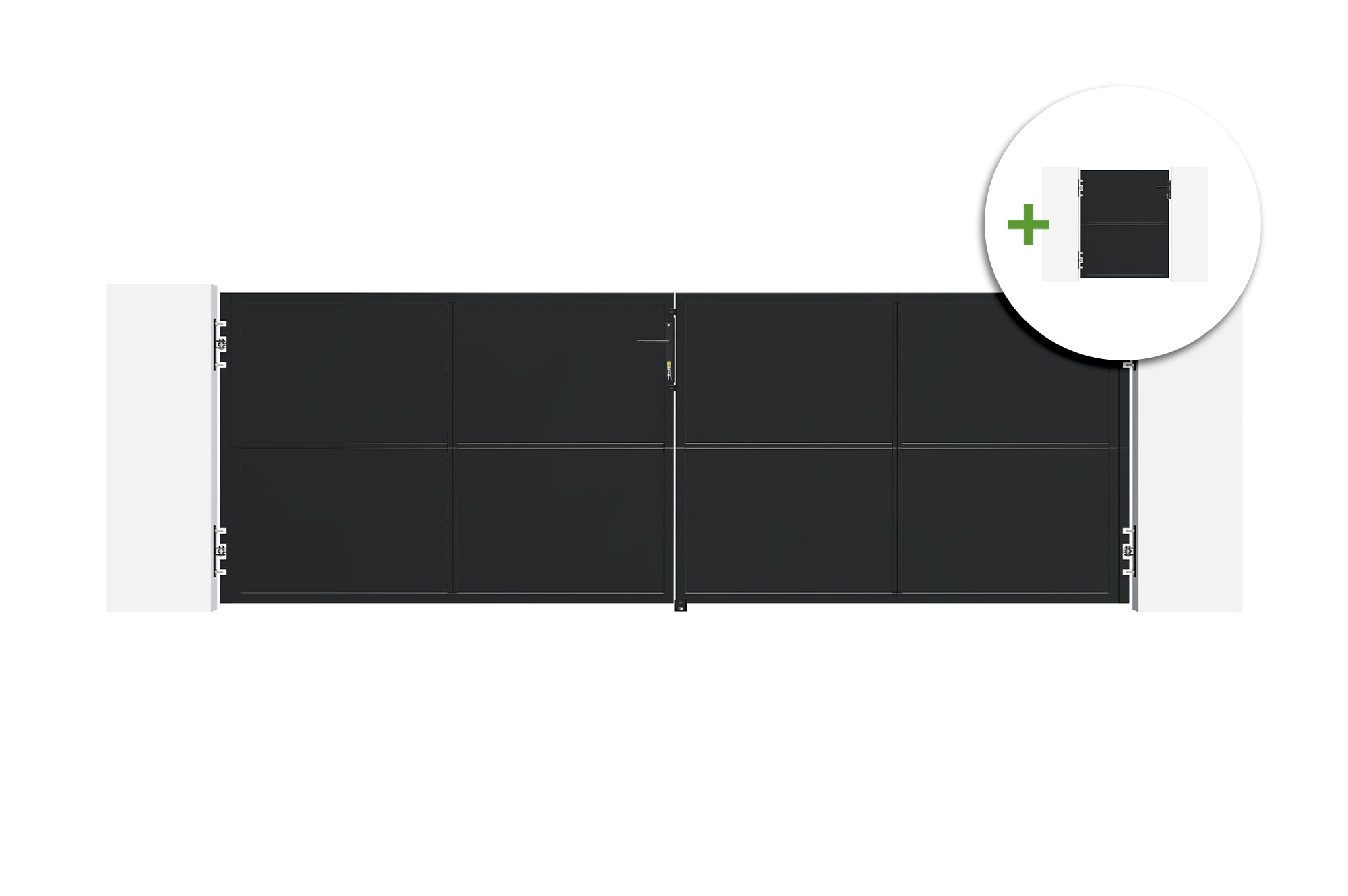 3,5 m NALI jeklena nihajna vrata, višina 120 cm, črna + 120 cm visoka peš vrata, črna main image