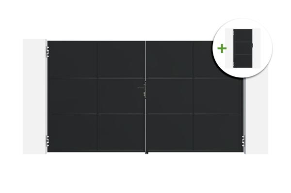 3,5 m breites NALI-Stahlschwingtor, 200 cm hoch, schwarz + 200 cm hohes Fußgängertor, schw main image