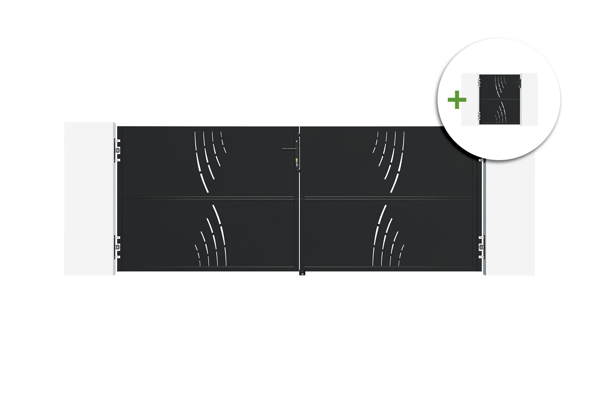 NALI VELETA 3 m-es acél szárnyaskapu, 120 cm magas, fekete + 120 cm magas gyalogoskapu 1