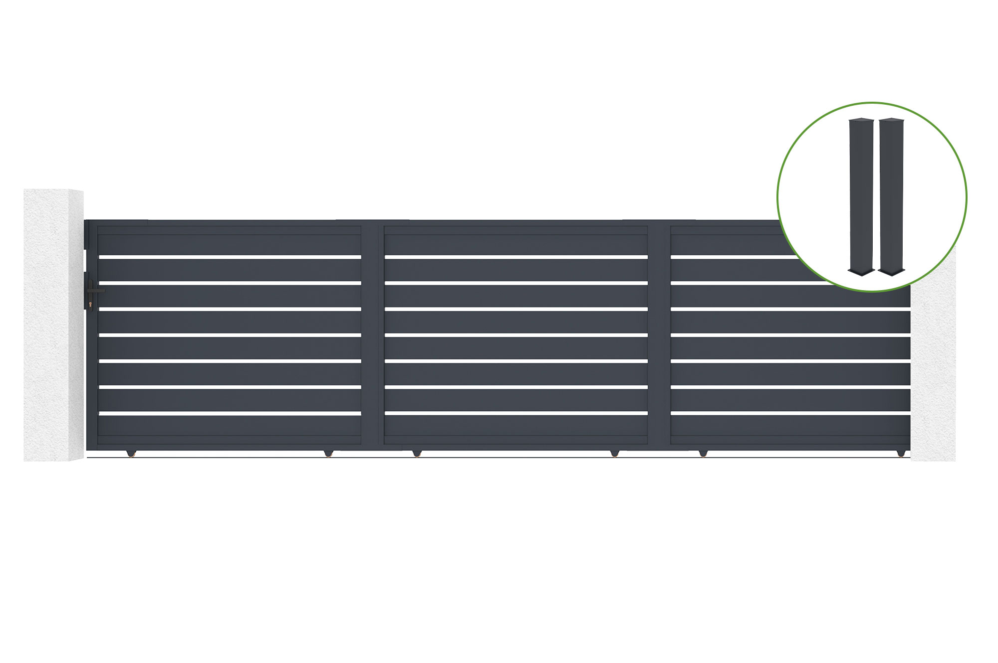 Portail coulissant 6m vogel H.160cm aluminium gris + 2 poteaux 20x20cm H.190cm 1