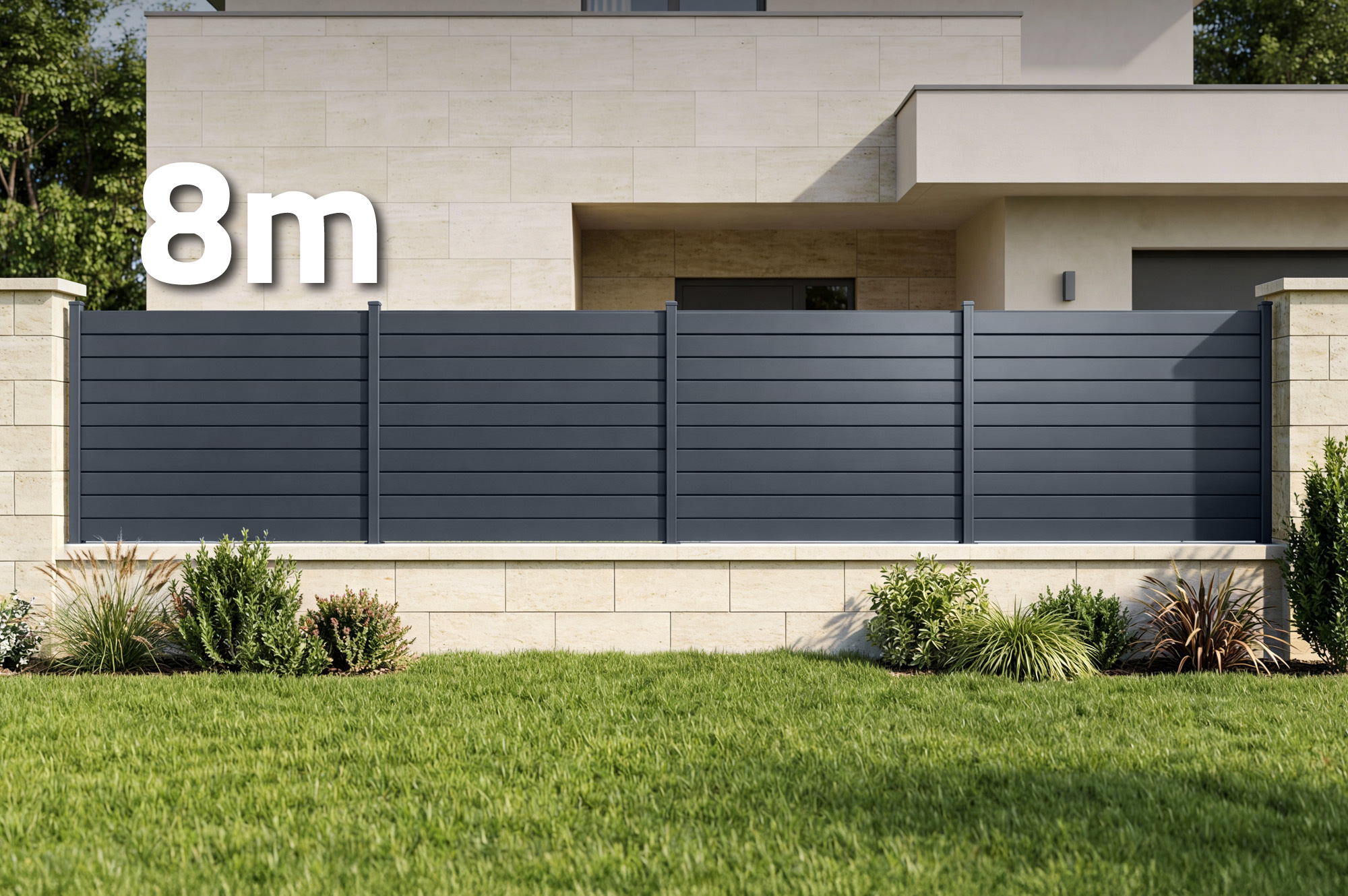 8 m langes VANO-Zaunelement, 150 cm hoch, graues Aluminium