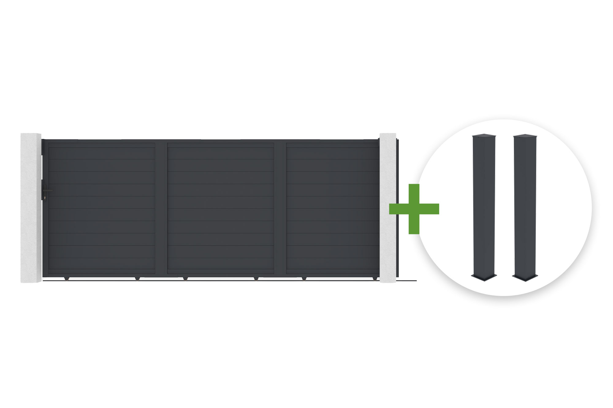 Puerta corredera EIGER de 4,5 m y 180 cm de alto + 2 postes EIFE de 20 x 20 cm y 190 cm de 1