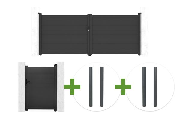 EIGER 3.5m H.140cm grey swing gate + EIGER 1m H.140cm pedestrian gate + 4 ELDA posts main image