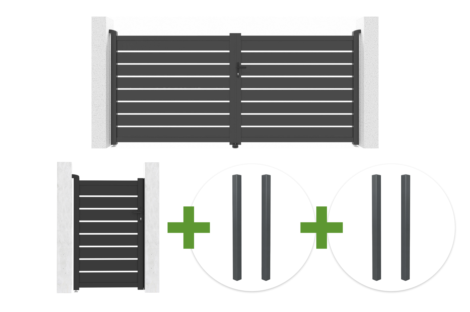 3,5 m VOGEL svänggrind, 160 cm hög, grå + 1 m VOGEL gånggrind, 160 cm hög + 4 ELDA-stolpar main image
