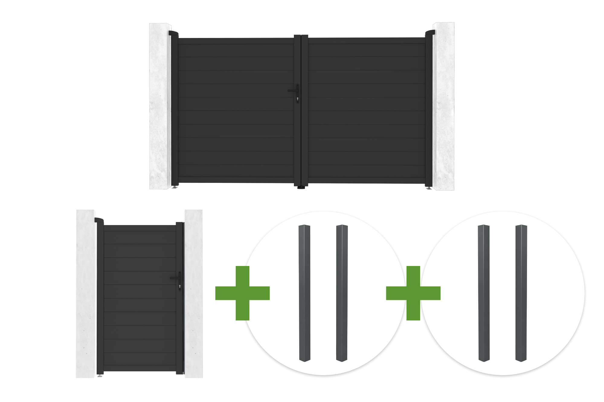 EIGER draaipoort van 3 m hoog (180 cm) in grijs + EIGER voetgangerspoort van 1 m hoog (180 cm) + 4 ELDA palen main image