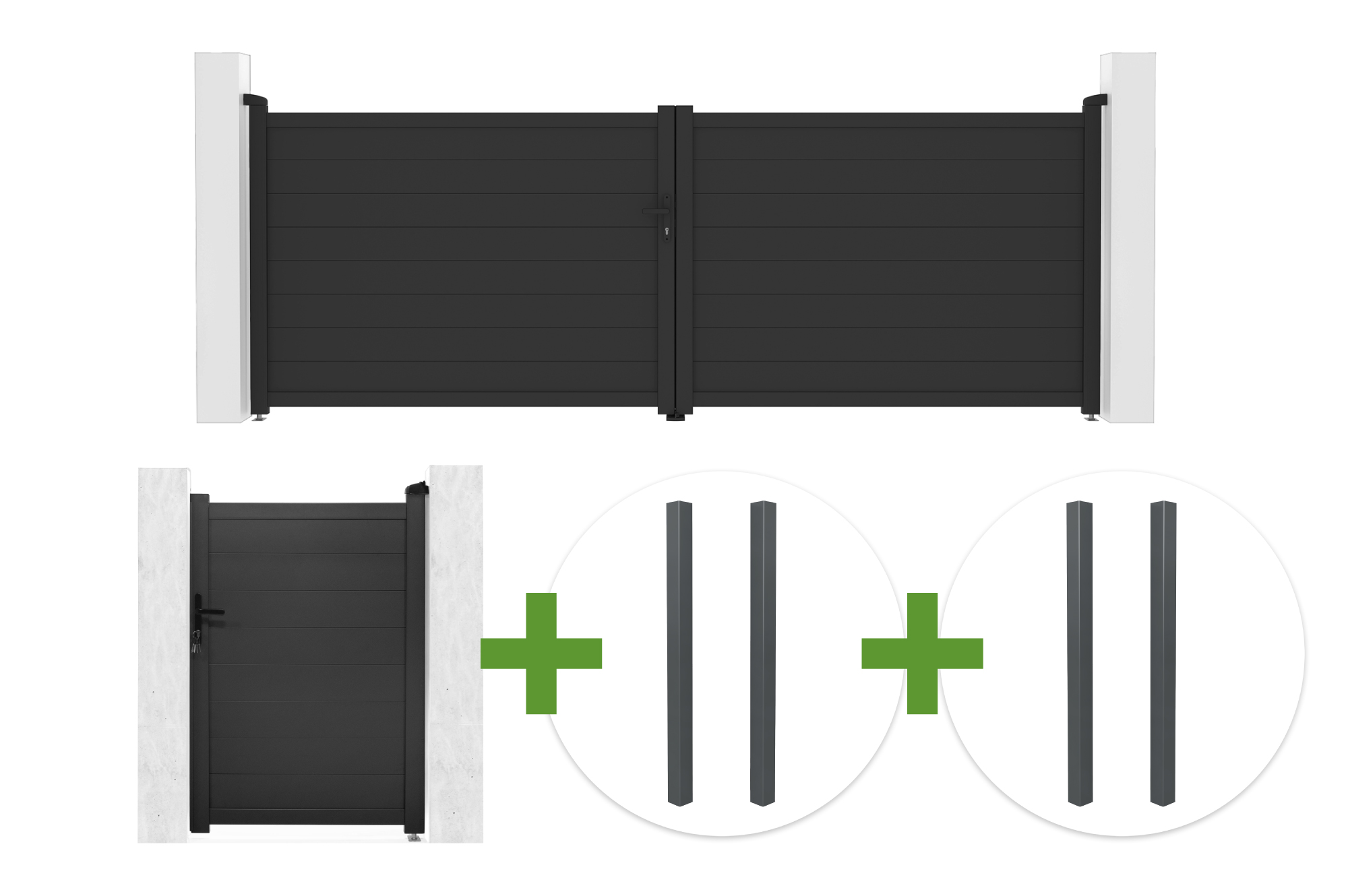 EIGER 4m H.140cm grey swing gate + EIGER 1m H.140cm pedestrian gate + 4 ELDA posts main image