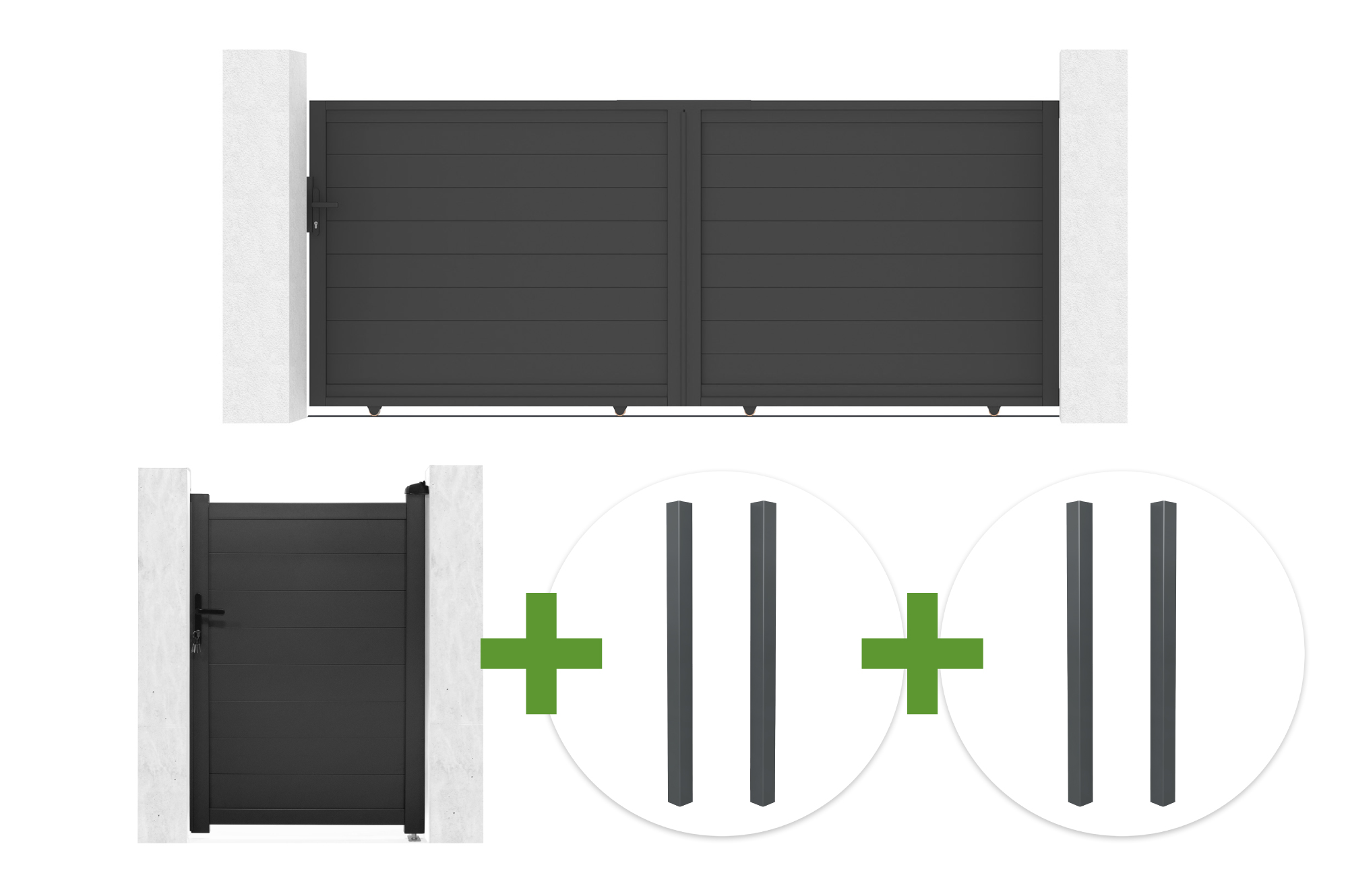 Posuvná brána EIGER 3,5 m, výška 140 cm + pešia brána EIGER 1 m, výška 140 cm + 4 stĺpiky ELDA main image
