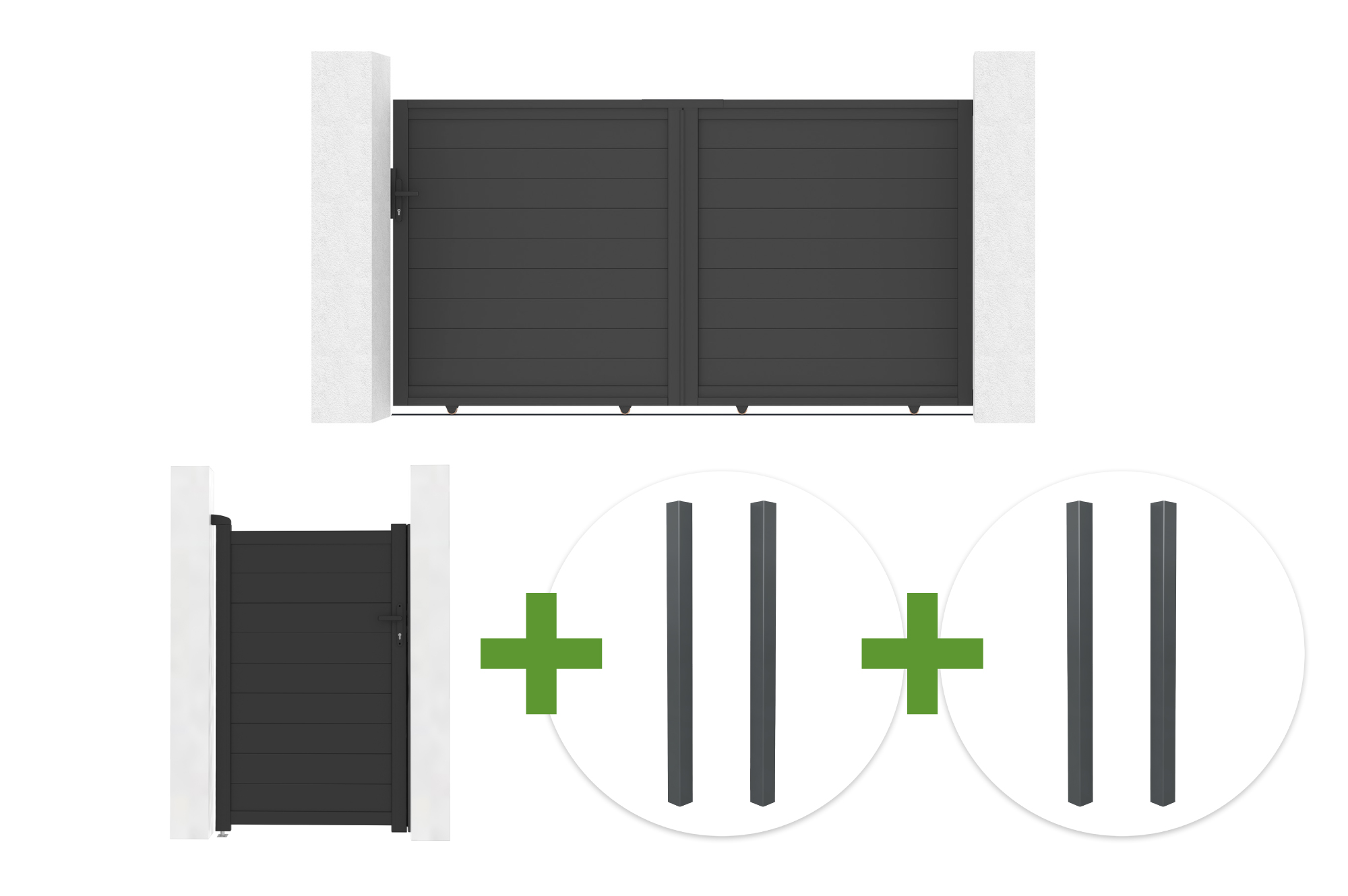 EIGER 3 m-es tolókapu, 160 cm magas + EIGER 1 m-es gyalogoskapu, 160 cm magas + 4 ELDA oszlop main image