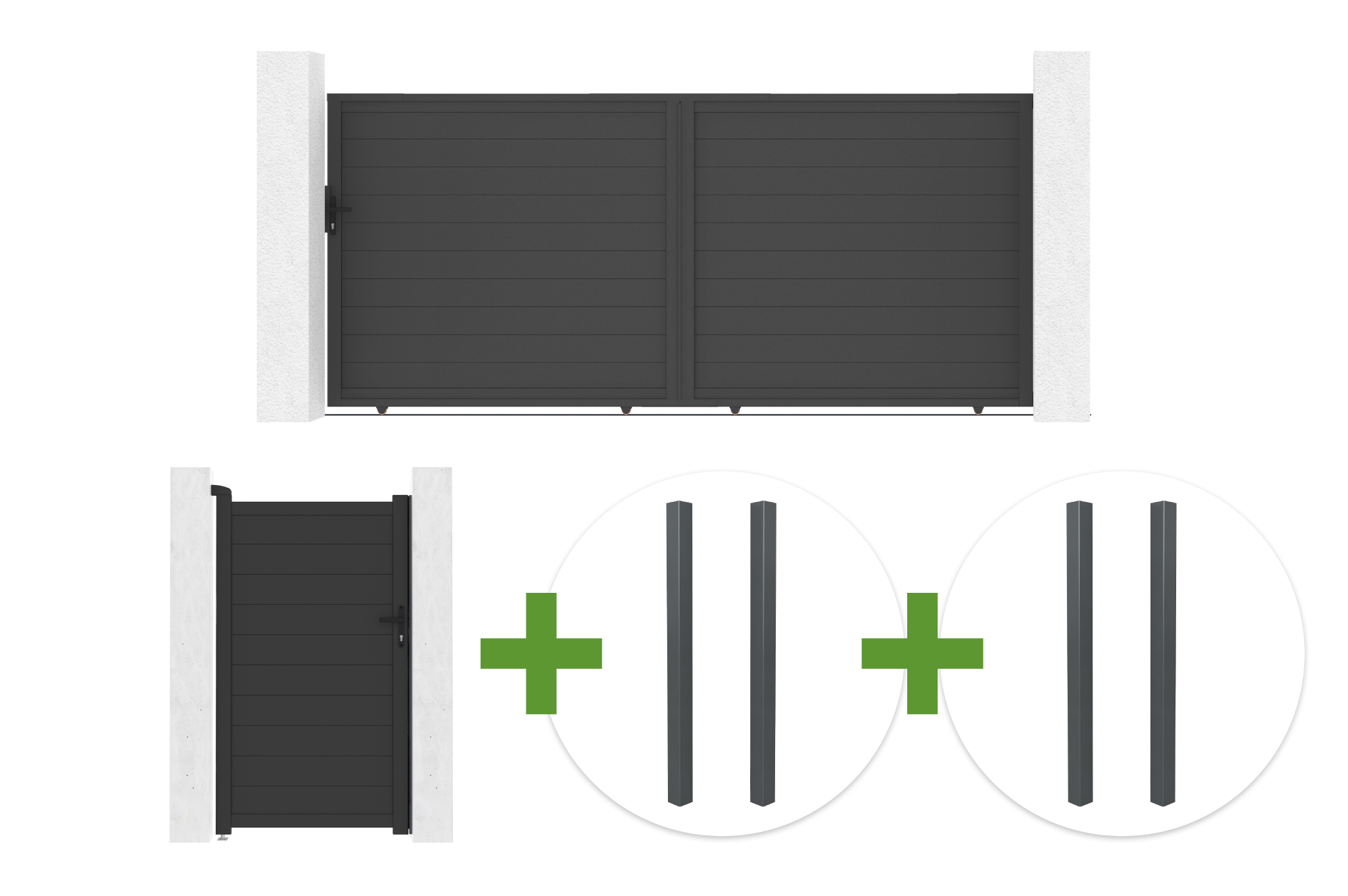 Συρόμενη πύλη EIGER 4m, ύψος 180cm + πύλη πεζών EIGER 1m, ύψος 180cm + 4 κολώνες ELDA main image