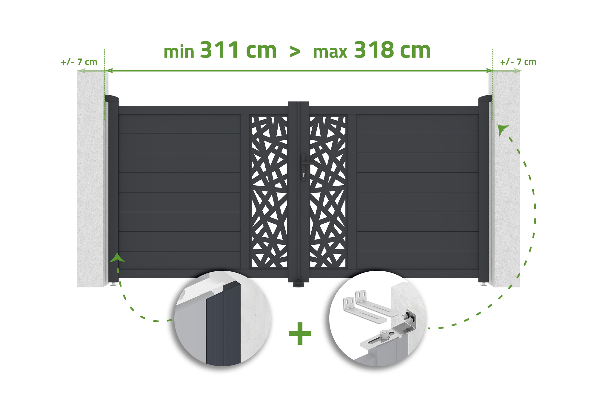 Brama skrzydłowa regulowana, szerokość 3m, RUIVO, wysokość 140cm, aluminium szare