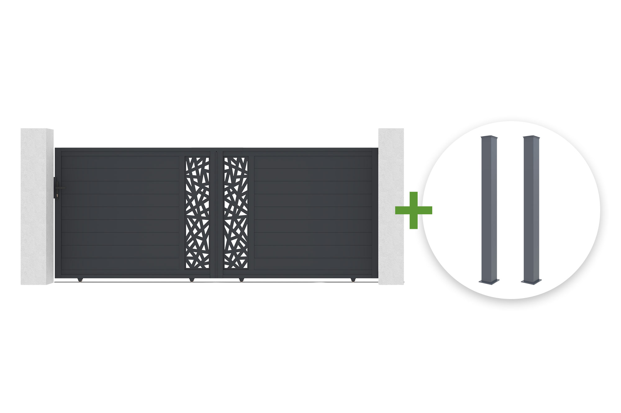 Brama przesuwna RUIVO 4m, wys. 160cm, szare aluminium + 2 słupki 15x15cm, wys. 190cm