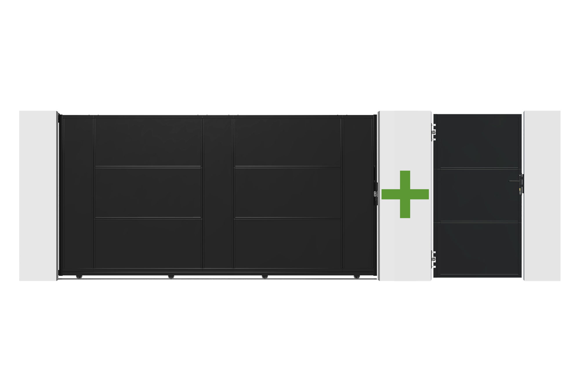 NALI 3.5m Steel Sliding Gate, 180cm High, Black + 180cm High Pedestrian Gate, Black