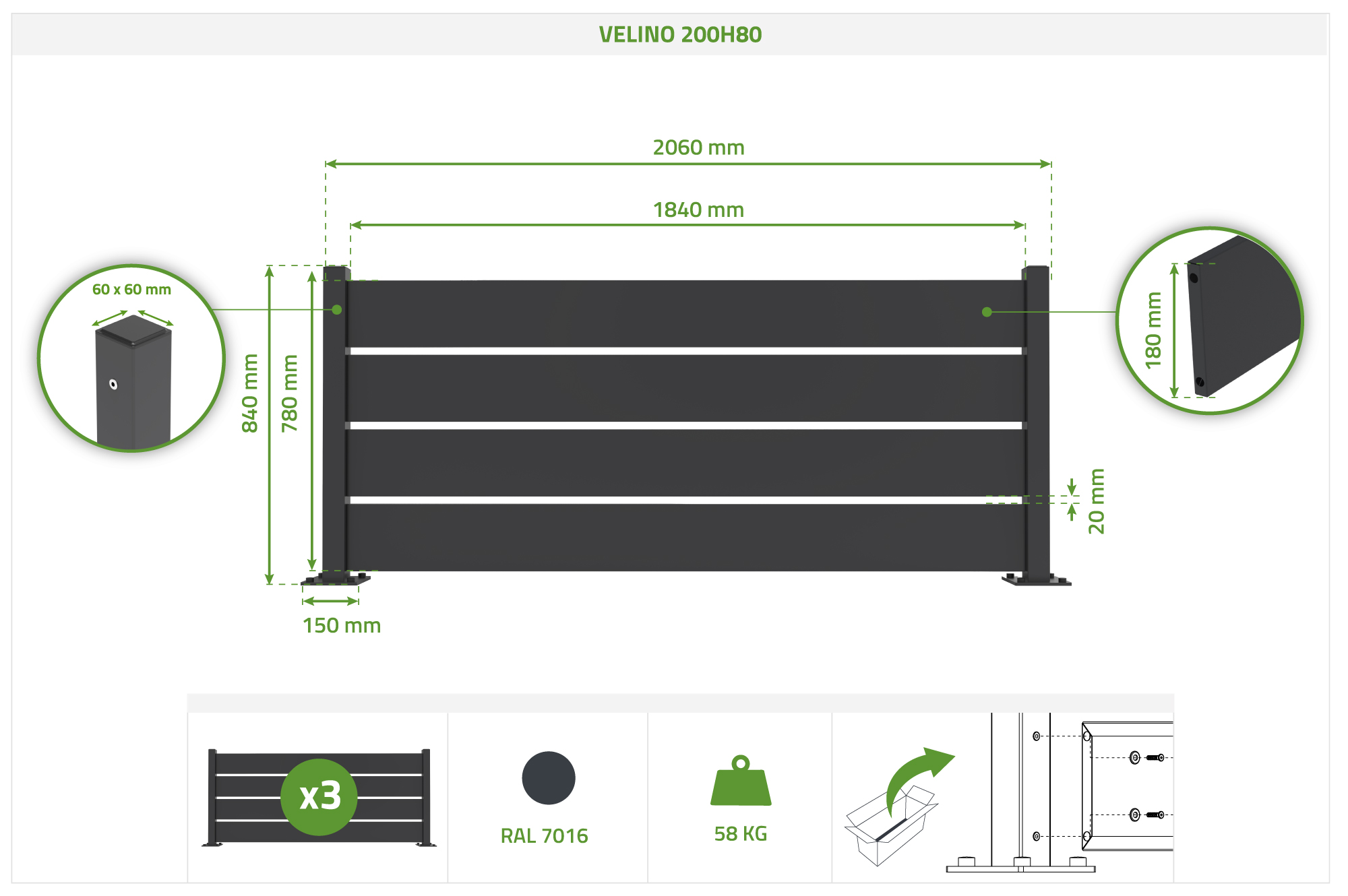 Cerca de aço preta VELINO, semi-vazada, 6m x 80cm de altura. 2