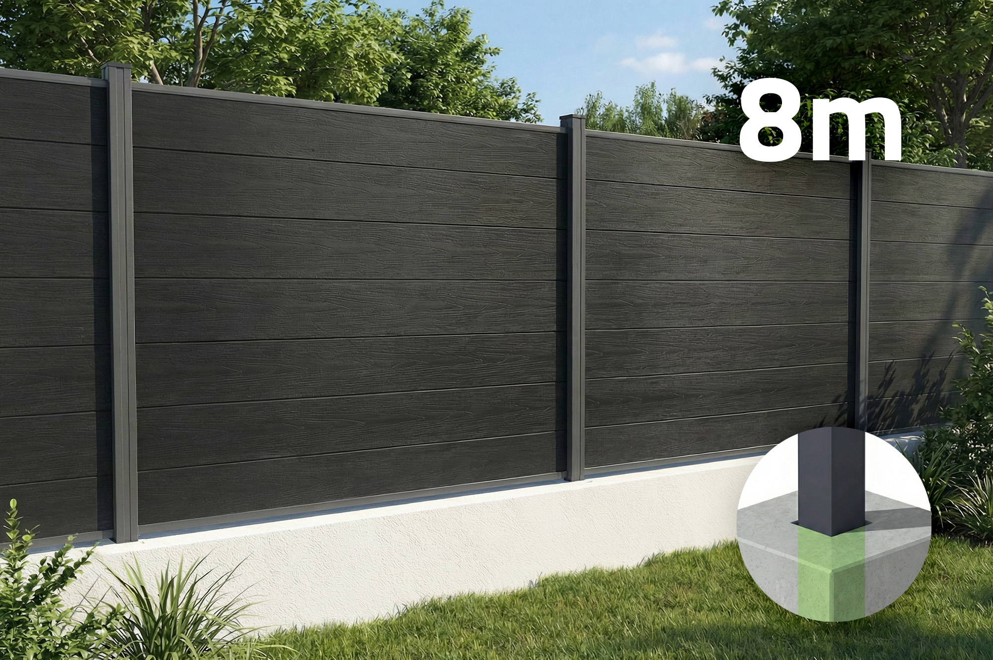 8m kompozitný plot STOCKHORN, výška 150 cm, na zapustenú inštaláciu, sivý 1