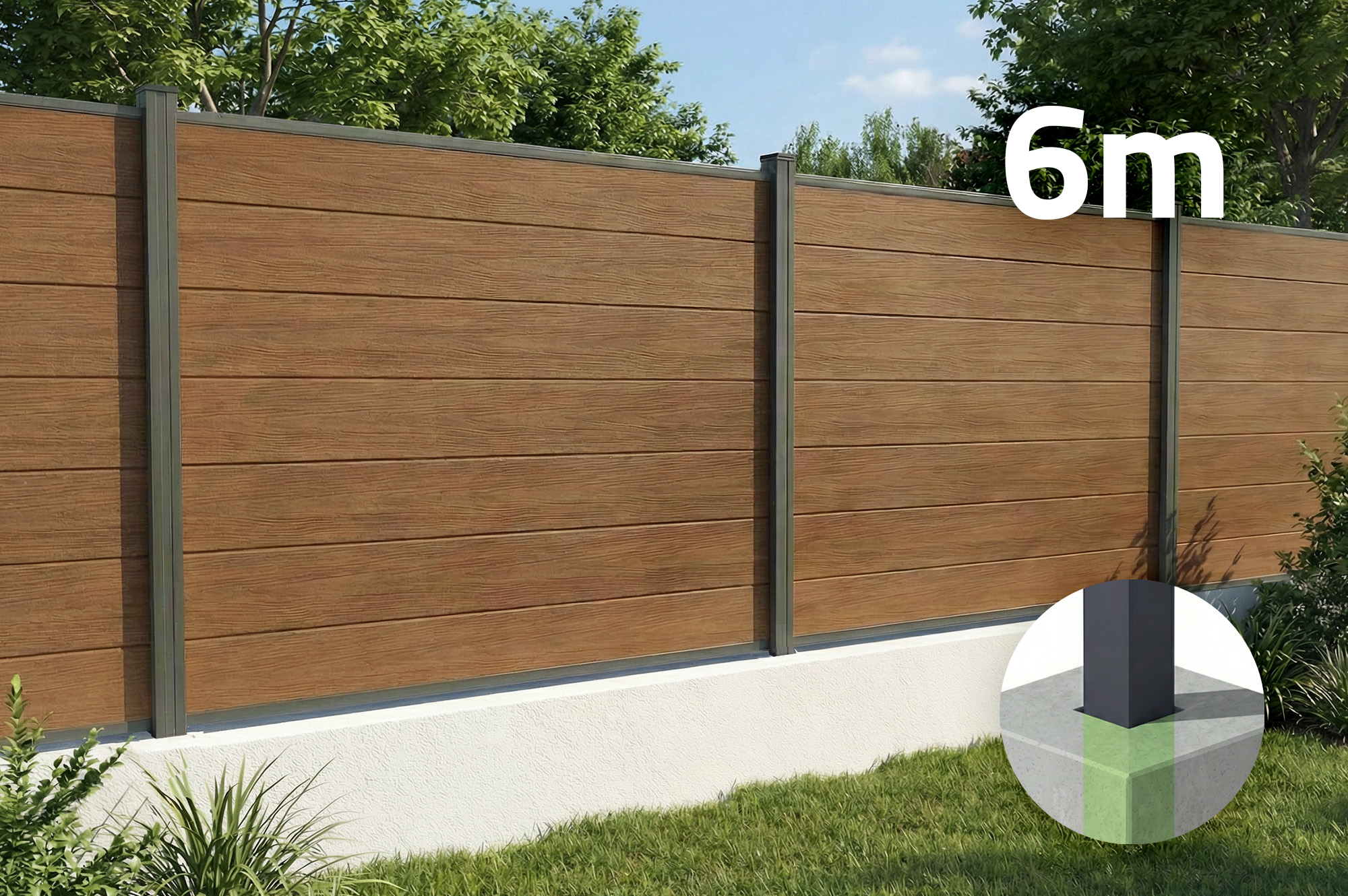 6m kompozitný plot STOCKHORN, výška 150 cm, teaková povrchová úprava, na zapustenú inštalá 1