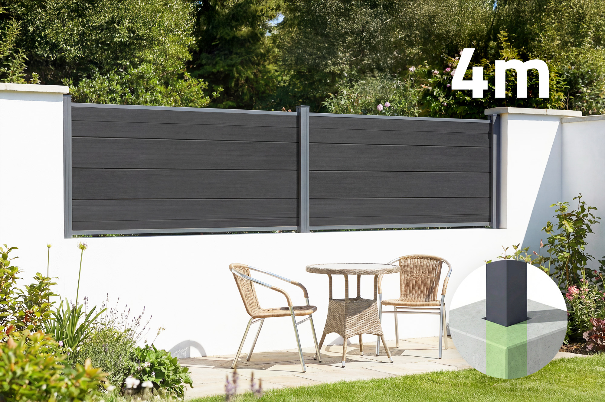 4 m-es STOCKHORN kompozit kerítés, 90 cm magas, földbe süllyeszthető, szürke 1