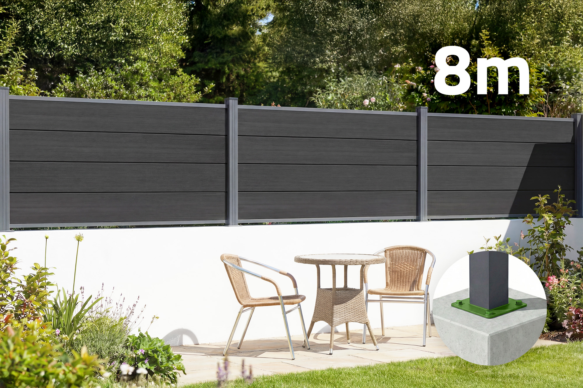 8m STOCKHORN composite fence, 90cm high, on grey base plates