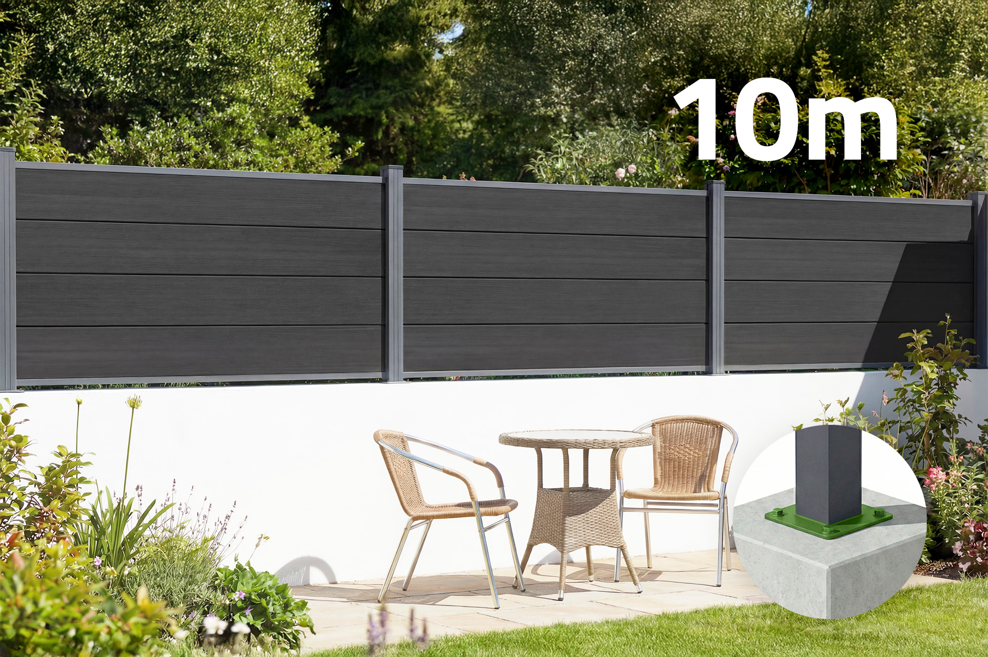 10m kompozitní plot STOCKHORN, výška 90 cm, na šedých základních deskách 1