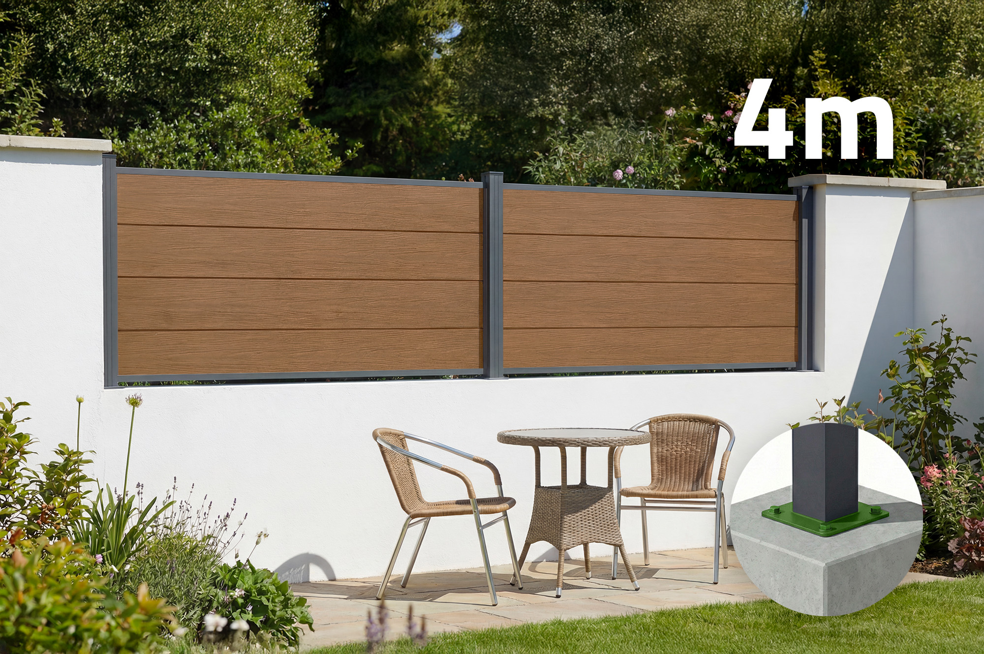 Clôture composite 4m STOCKHORN H.90cm sur platine teck 1