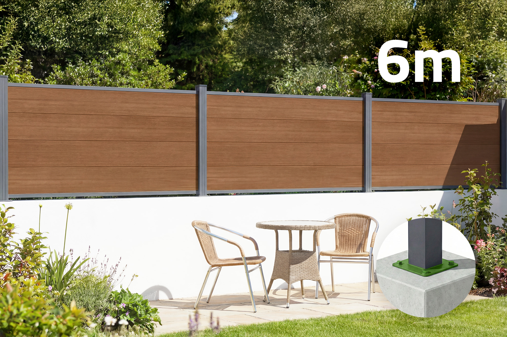 Clôture composite 6m STOCKHORN H.90cm sur platine teck 1