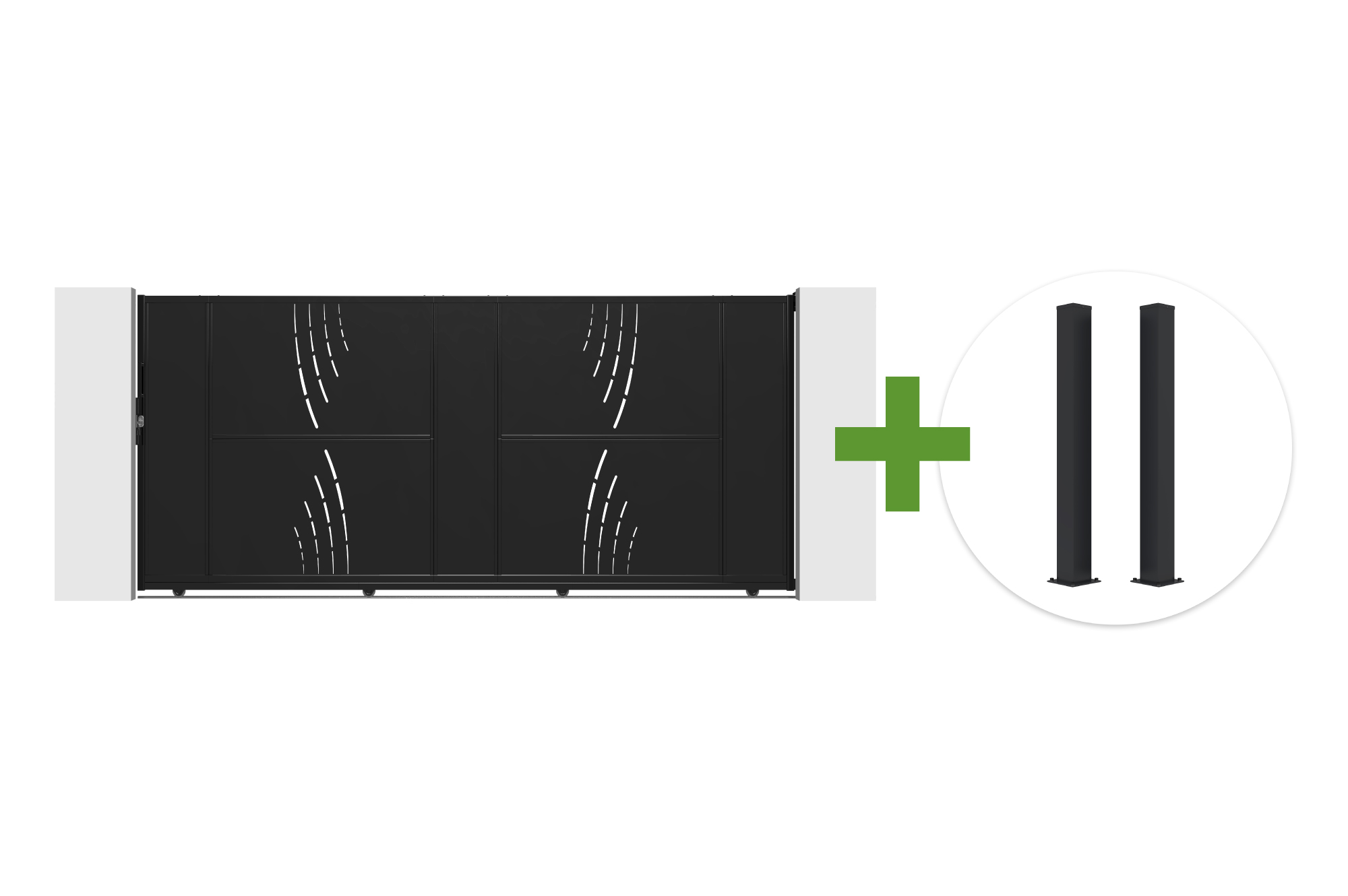 Portão de correr NALI VELETA em aço, 3,5 m de altura, 160 cm de altura, preto + 2 postes CARMO em aço preto, 15 x 15 cm 1