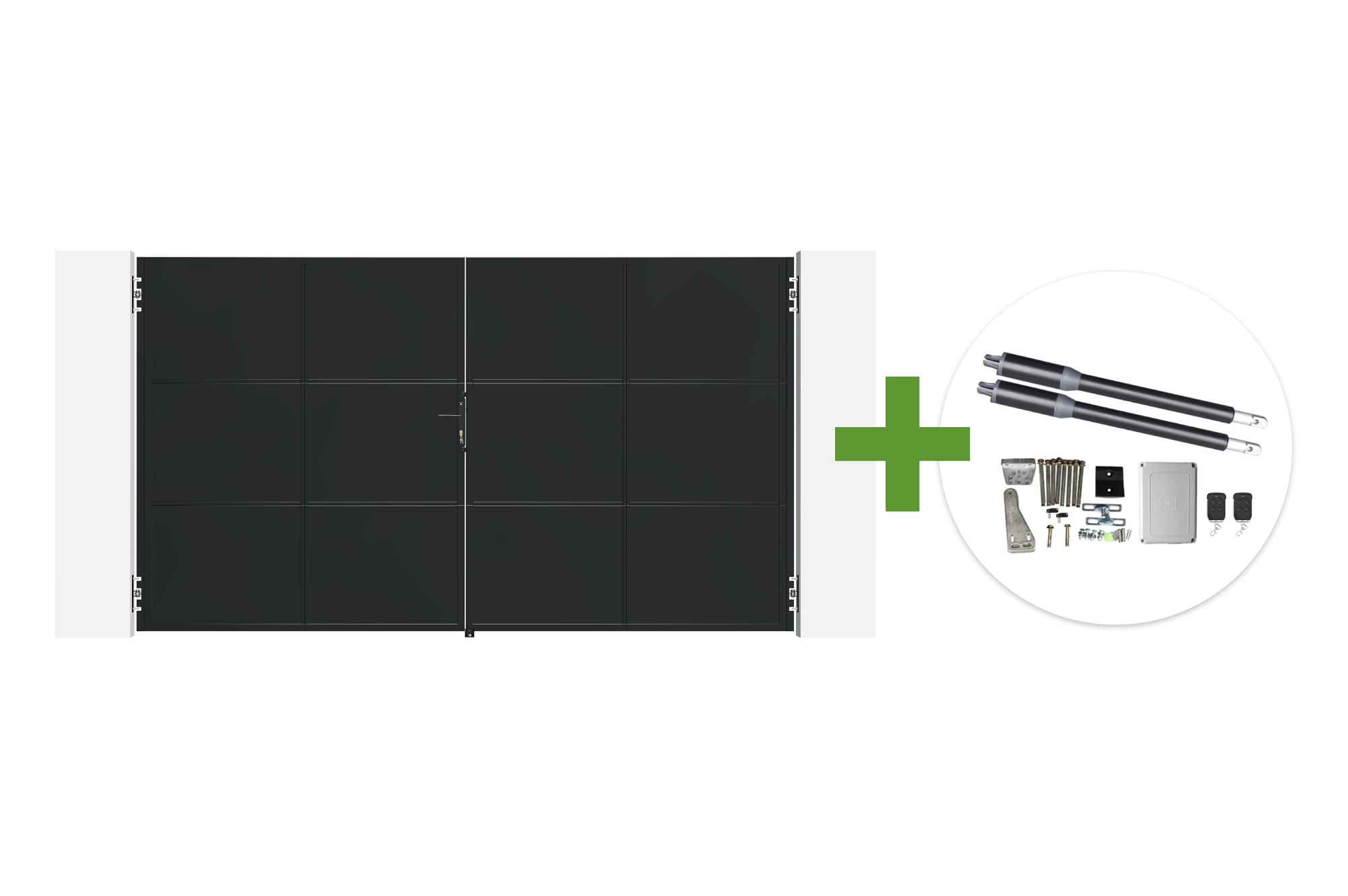 NALI 3,5m matsort stål svingport, 200 cm høj + Ranger B150 motor main image