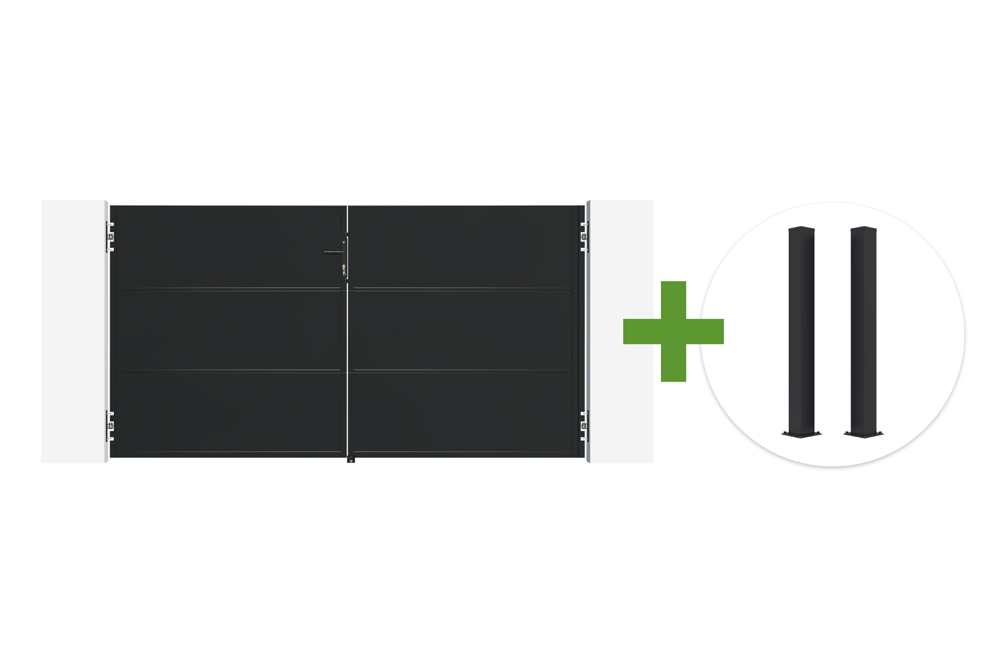 NALI 3 m matēti melni tērauda veramie vārti, 160 cm augsti + 2 CARMO 10x10 tērauda stabi 1
