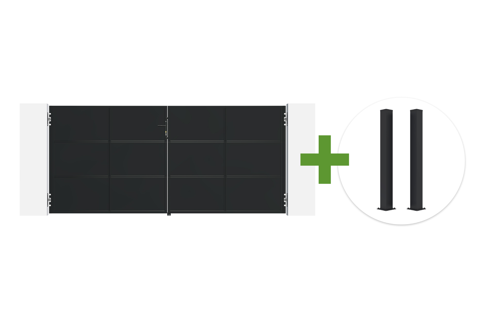 Portão de aço basculante NALI de 3,5 m em preto fosco, 160 cm de altura + 2 postes de aço CARMO 10x10 main image