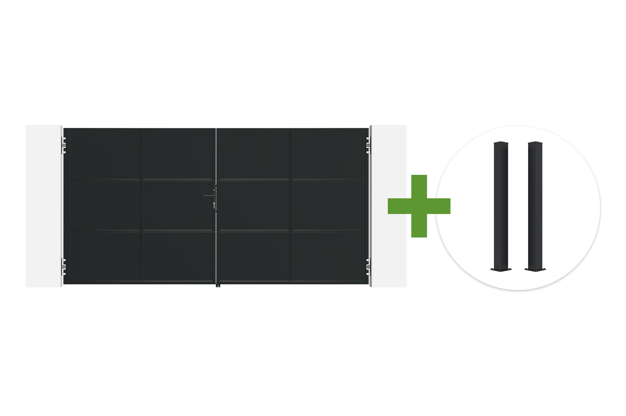 Ocelová otočná brána NALI 3,5 m matně černá, výška 180 cm + 2 ocelové sloupky CARMO 10x10 main image