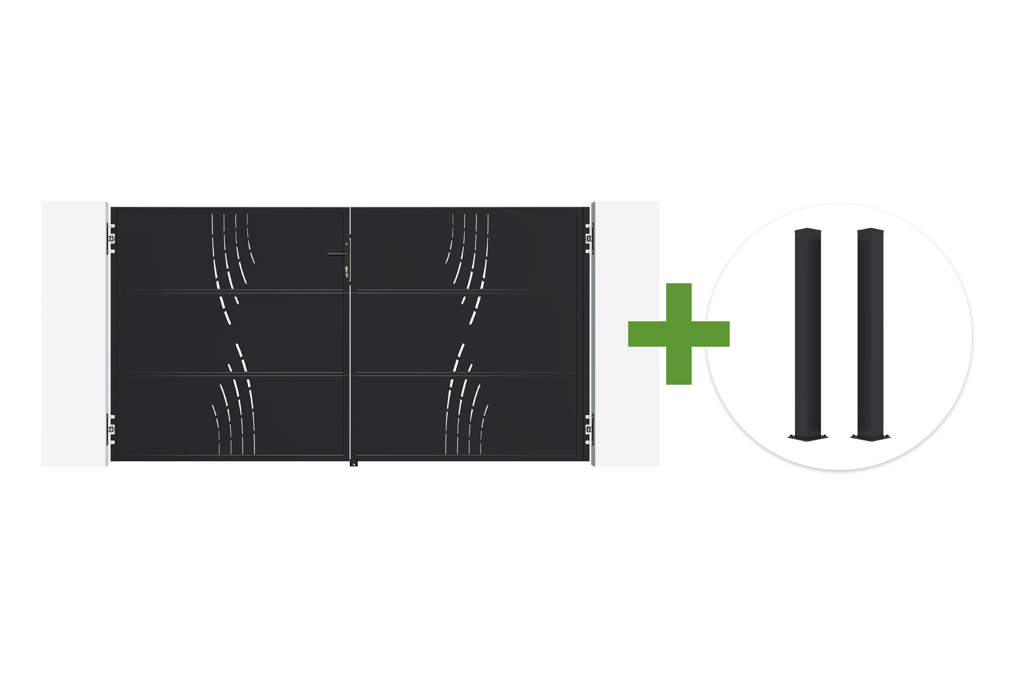 NALI VELETA Μαύρη ματ ατσάλινη ανοιγόμενη πόρτα 3μ (Υ.160cm) + 2 ατσάλινες κολόνες CARMO 10x10 1