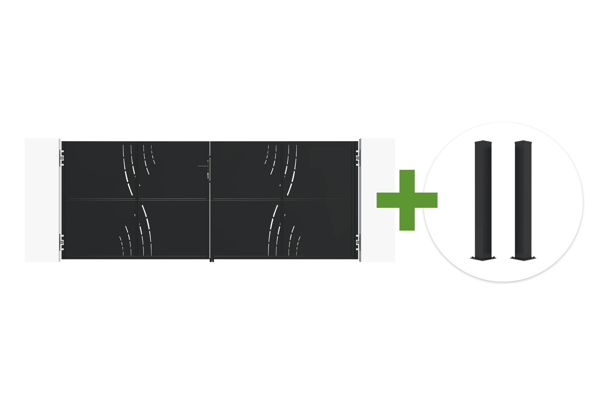 NALI VELETA 3,5 m mat crna čelična krilna vrata (v. 140 cm) + 2 CARMO čelična stupa 10x10 1