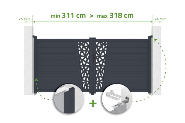 Krídlová brána nastaviteľná na šírku 3 m CERVINA RUIVO v. 140 cm sivý hliník main image