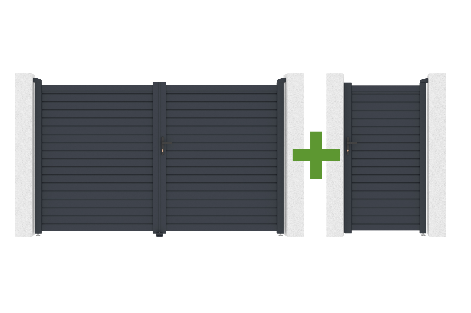 Portão de batente CALANCIA 3m A.180cm, alumínio cinza + Portão de pedestres CALANCIA, alumínio cinza main image