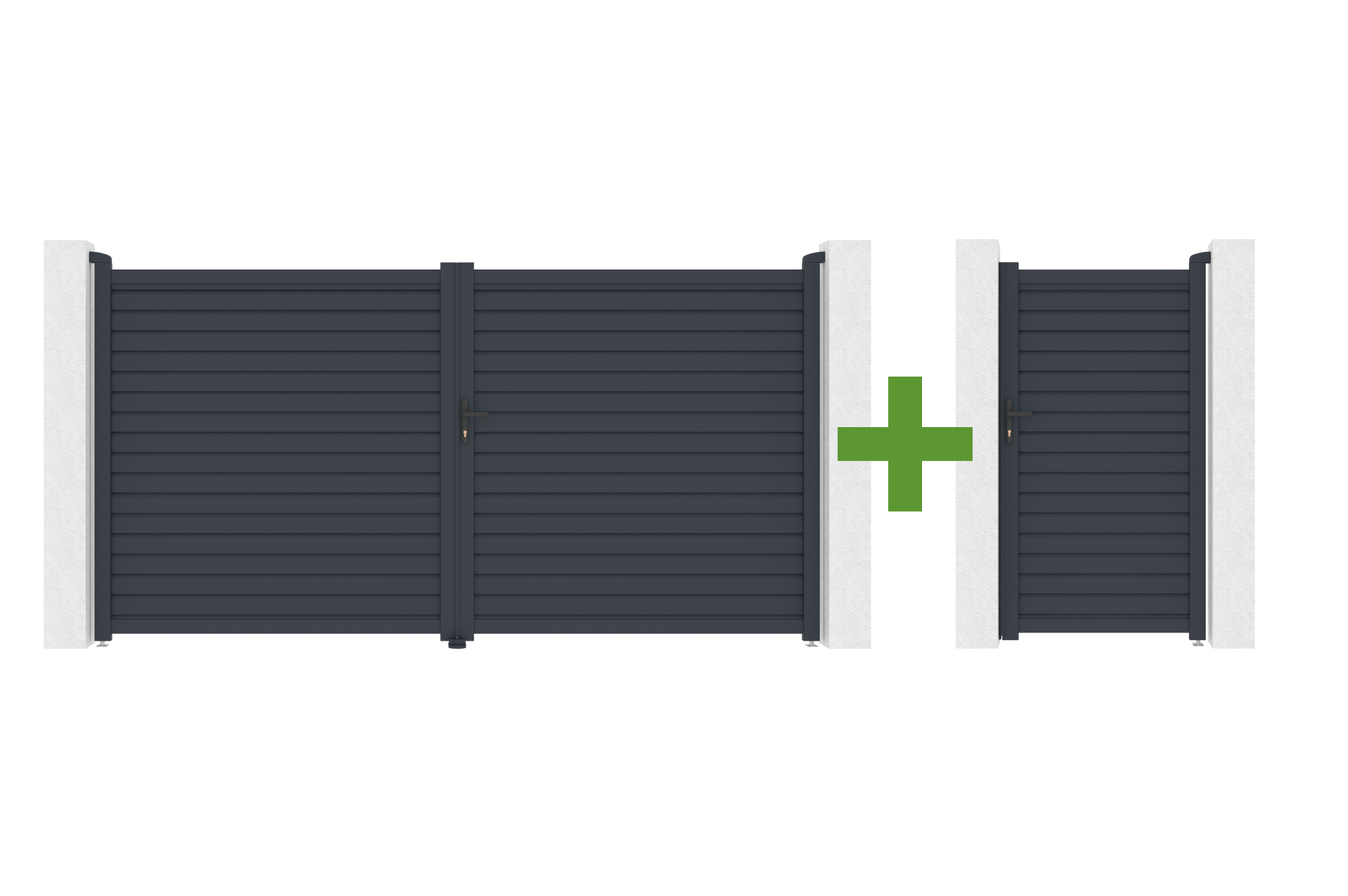 CALANCIA 3.5m swing gate, 180cm high, grey aluminum + CALANCIA pedestrian gate, grey aluminum main image