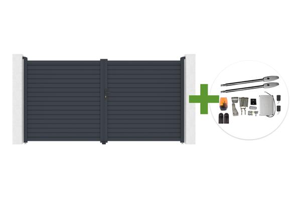 Portail battant 3,5m CALANCIA H.180cm lames persiennes aluminium gris + moteur TANKER B250 main image