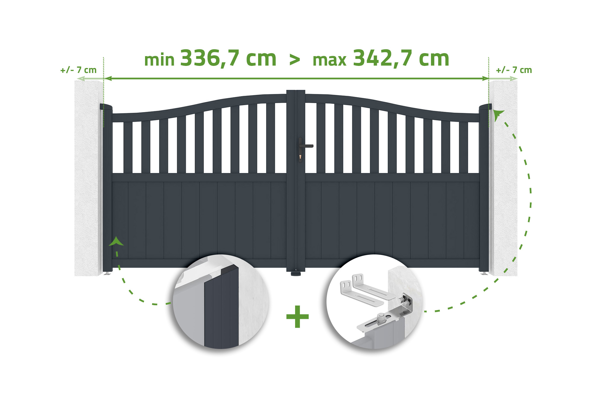 Adjustable swing gate, 3.4m wide, MEIJE, 160cm high, grey aluminum main image