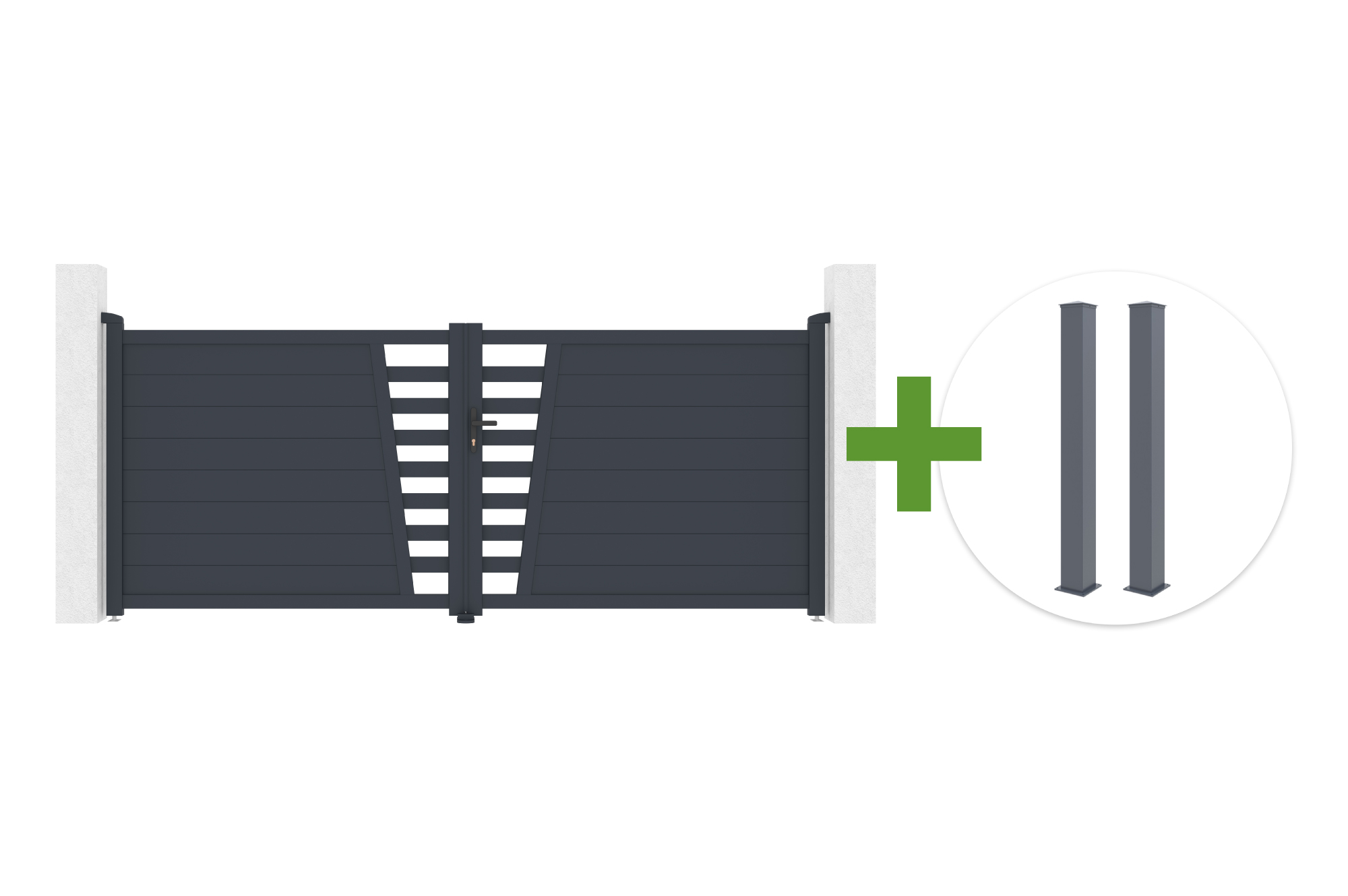 Schwingtor 3,5 m CERVINA H. 140 cm graues Aluminium + 2 EIFEL Pfosten 20 x 20 cm H. 166 cm main image