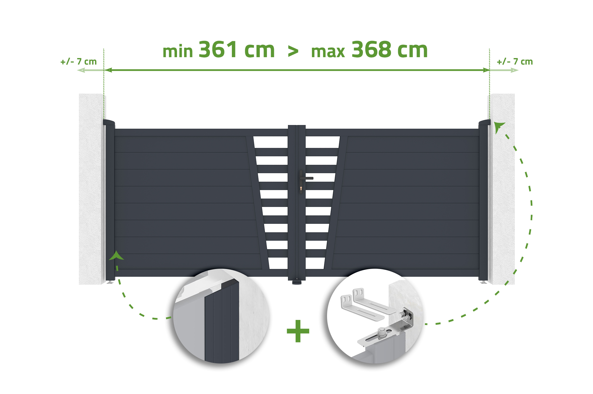 Cervina verstellbares Schwingtor, 3,5 m breit, 140 cm hoch, graues Aluminium. main image